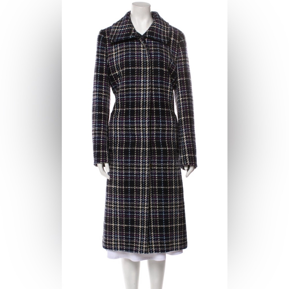 Burberry Plaid Black Blue Gray Cream Wool Long Trench Coat Size 10 US
